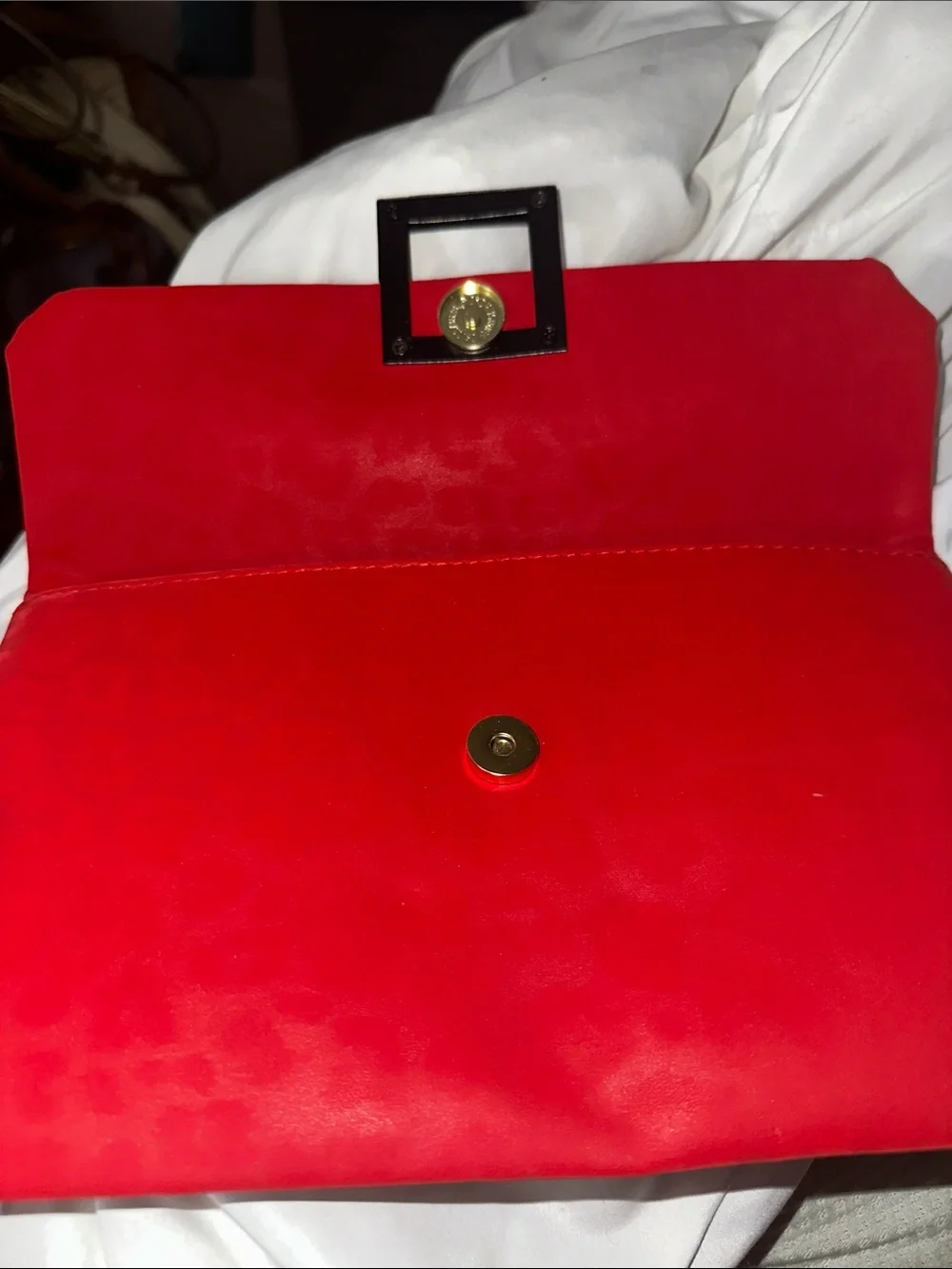 Vintage Red Satin Clutch with Square Black Accent leopard print gold acc new